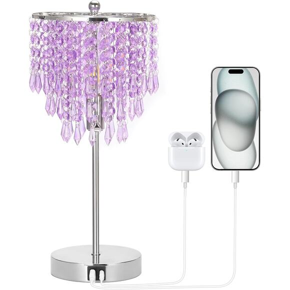 Crystal Table Lamp 3 Way Dimmable Touch Nightstand Light with USB Ports Lavender - Picture 8 of 8
